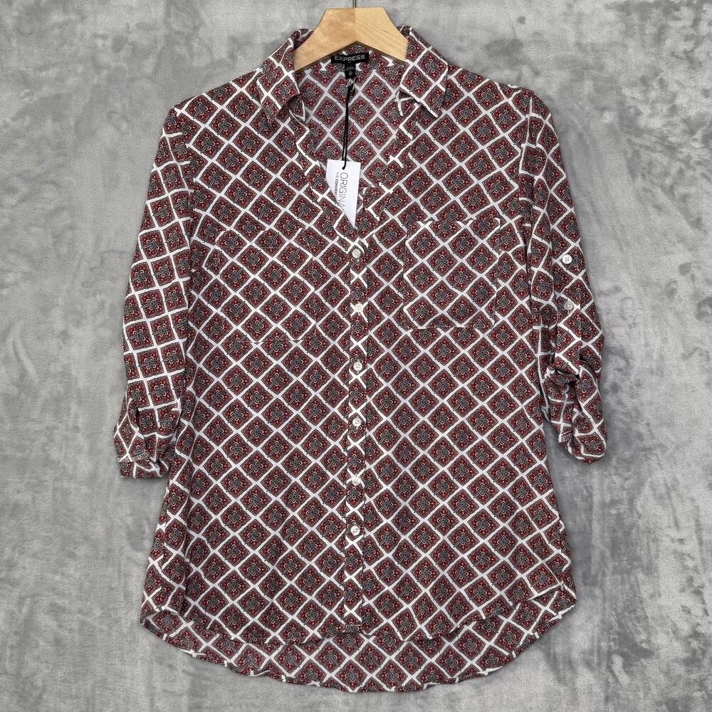 Express Shirt Womens XS Red White Geometric Tile Print Button Down Long Sleeve